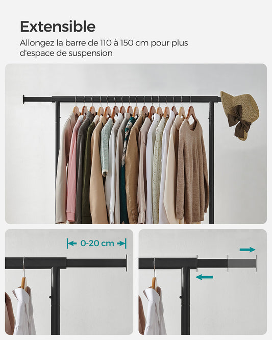 Portant Vêtement Solide, Charge 130 kg, avec Roulettes, Tringle Extensible pour Charge Lourde, Métal, Noir, SONGMICS, 2