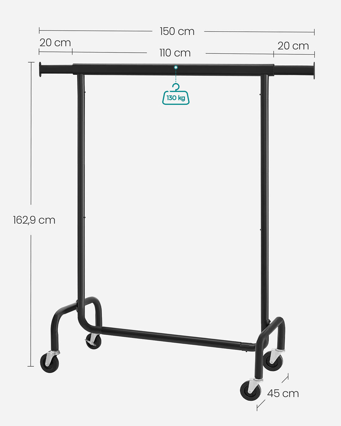 Portant Vêtement Solide, Charge 130 kg, avec Roulettes, Tringle Extensible pour Charge Lourde, Métal, Noir, SONGMICS, 6