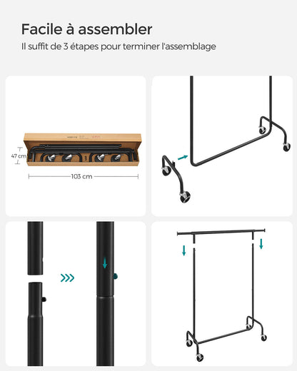 Portant Vêtement Solide, Charge 130 kg, avec Roulettes, Tringle Extensible pour Charge Lourde, Métal, Noir, SONGMICS, 9