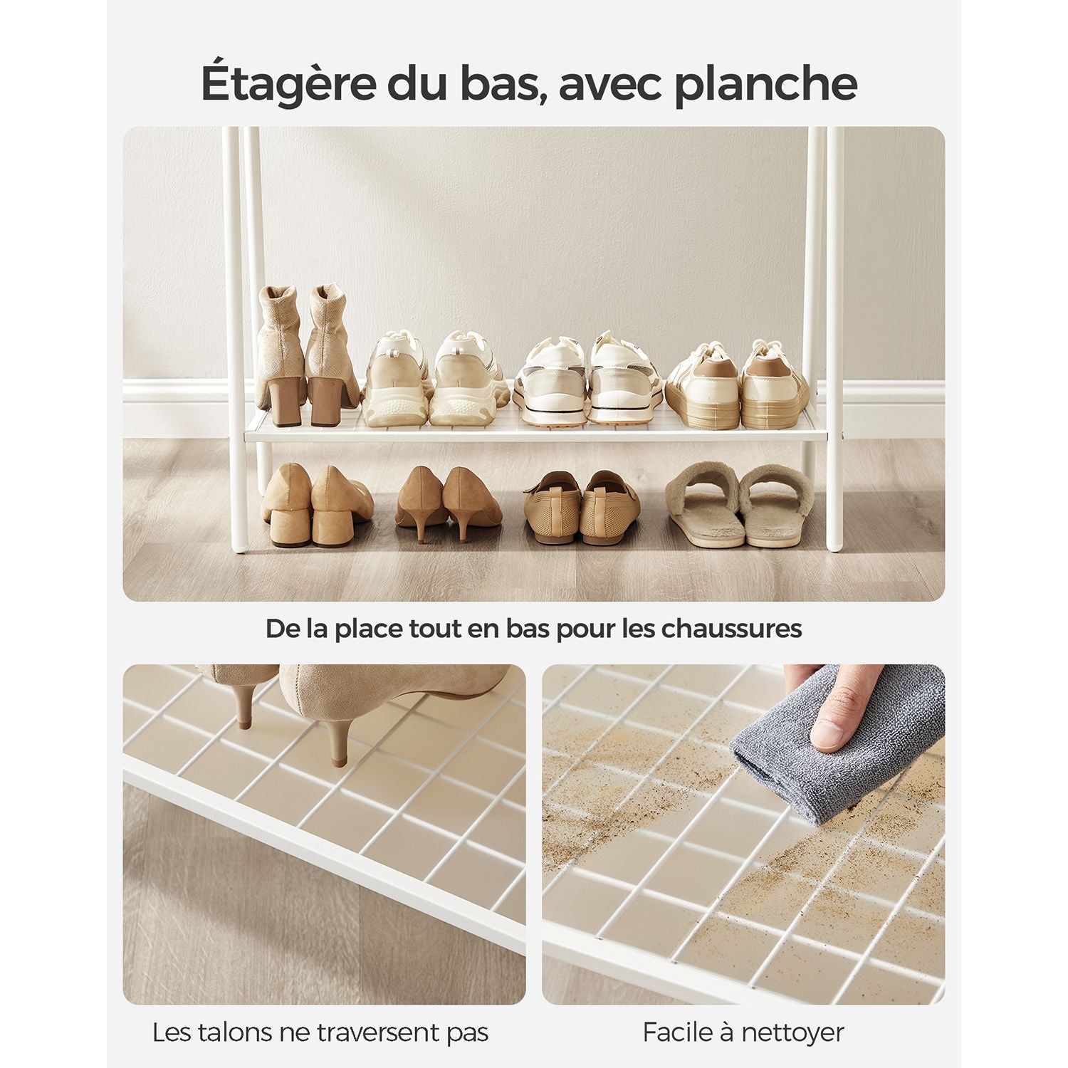 Portant à Vêtements, Porte-Manteau, Penderie, avec Tringle et Étagère, Blanc, SONGMICS, 4