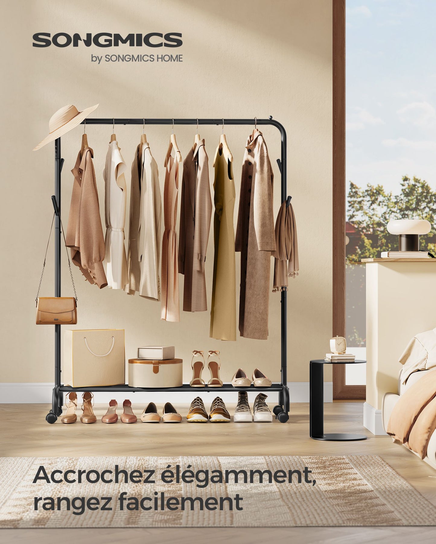 Portant Vetement, avec Roulettes, avec Étagère et 4 crochets, Cadre en métal robuste, Rangement de vêtements, Noir, SONGMICS, 6