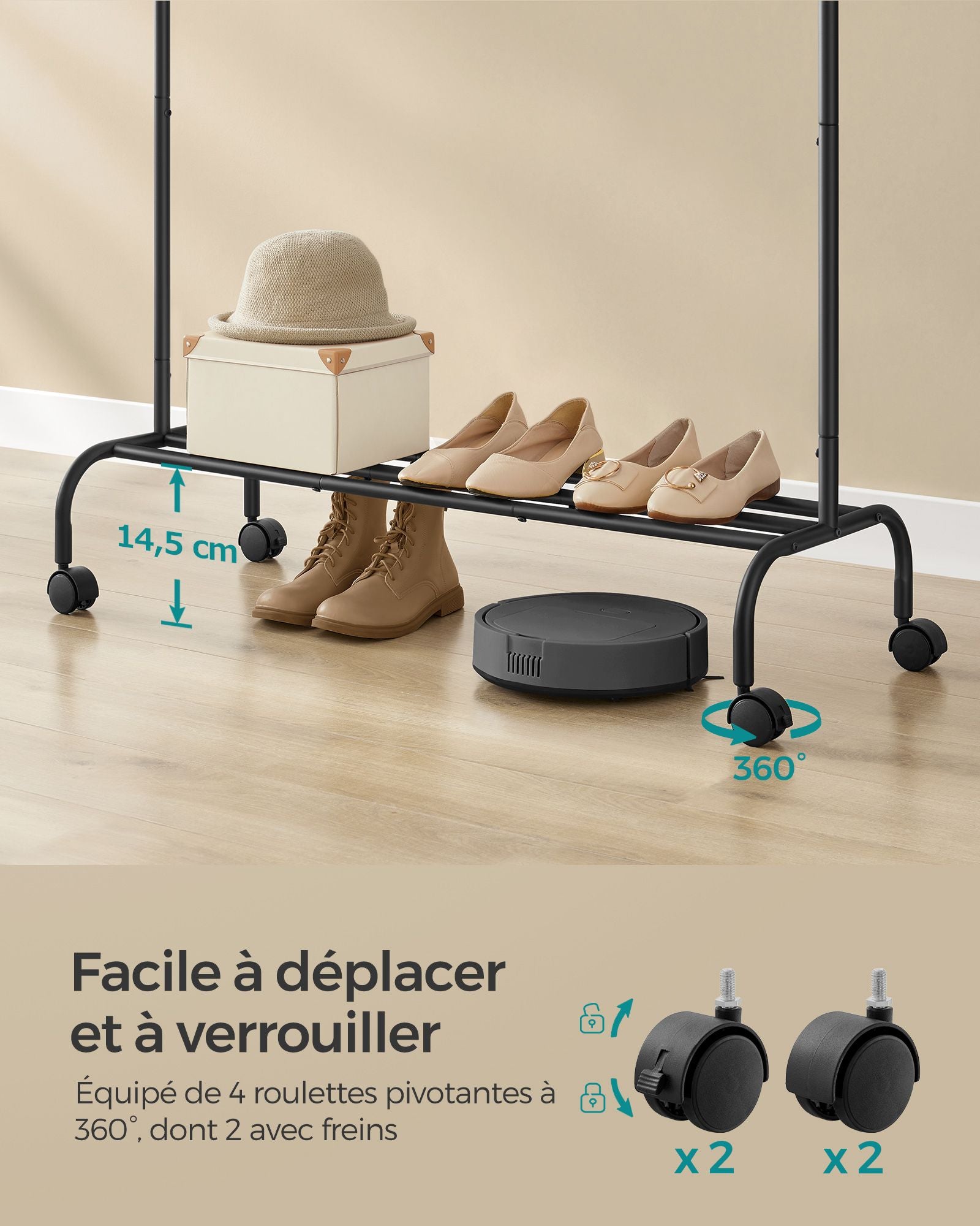 Portant Vetement, avec Roulettes, avec Étagère et 4 crochets, Cadre en métal robuste, Rangement de vêtements, Noir, SONGMICS, 3