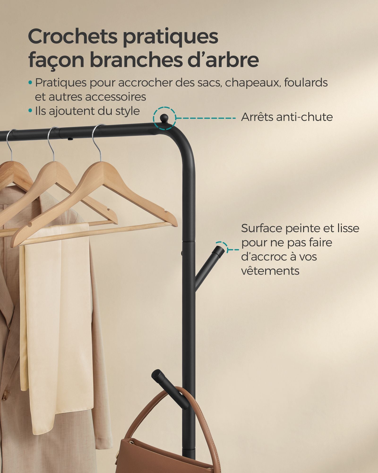 Portant Vetement, avec Roulettes, avec Étagère et 4 crochets, Cadre en métal robuste, Rangement de vêtements, Noir, SONGMICS, 4