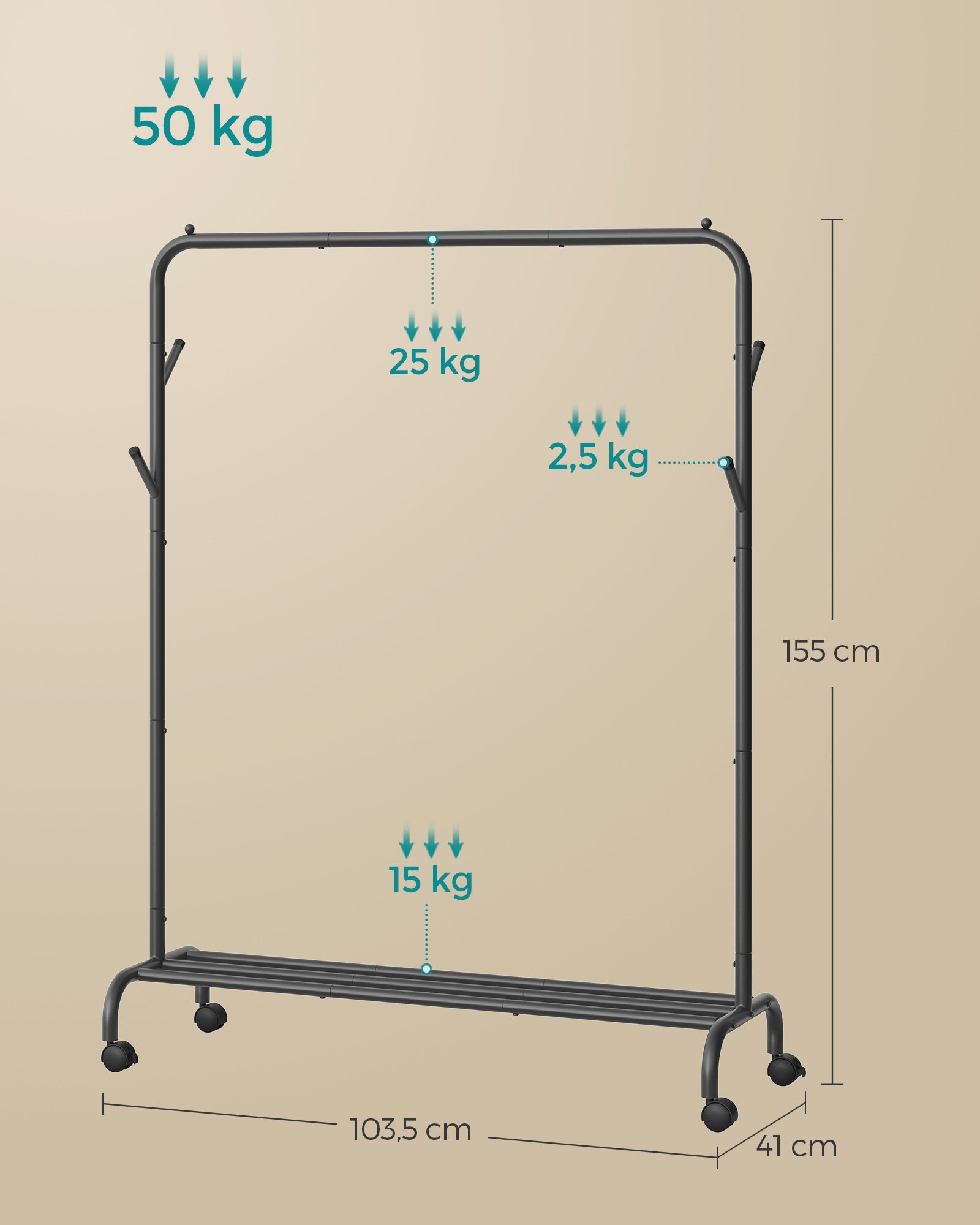 Portant Vetement, avec Roulettes, avec Étagère et 4 crochets, Cadre en métal robuste, Rangement de vêtements, Noir, SONGMICS, 5