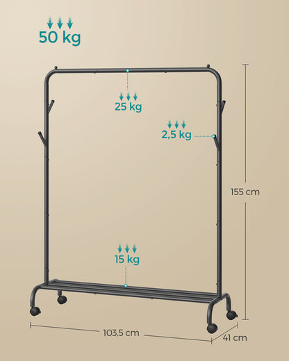 Portant Vetement, avec Roulettes, avec Étagère et 4 crochets, Cadre en métal robuste, Rangement de vêtements, Noir, SONGMICS, 5