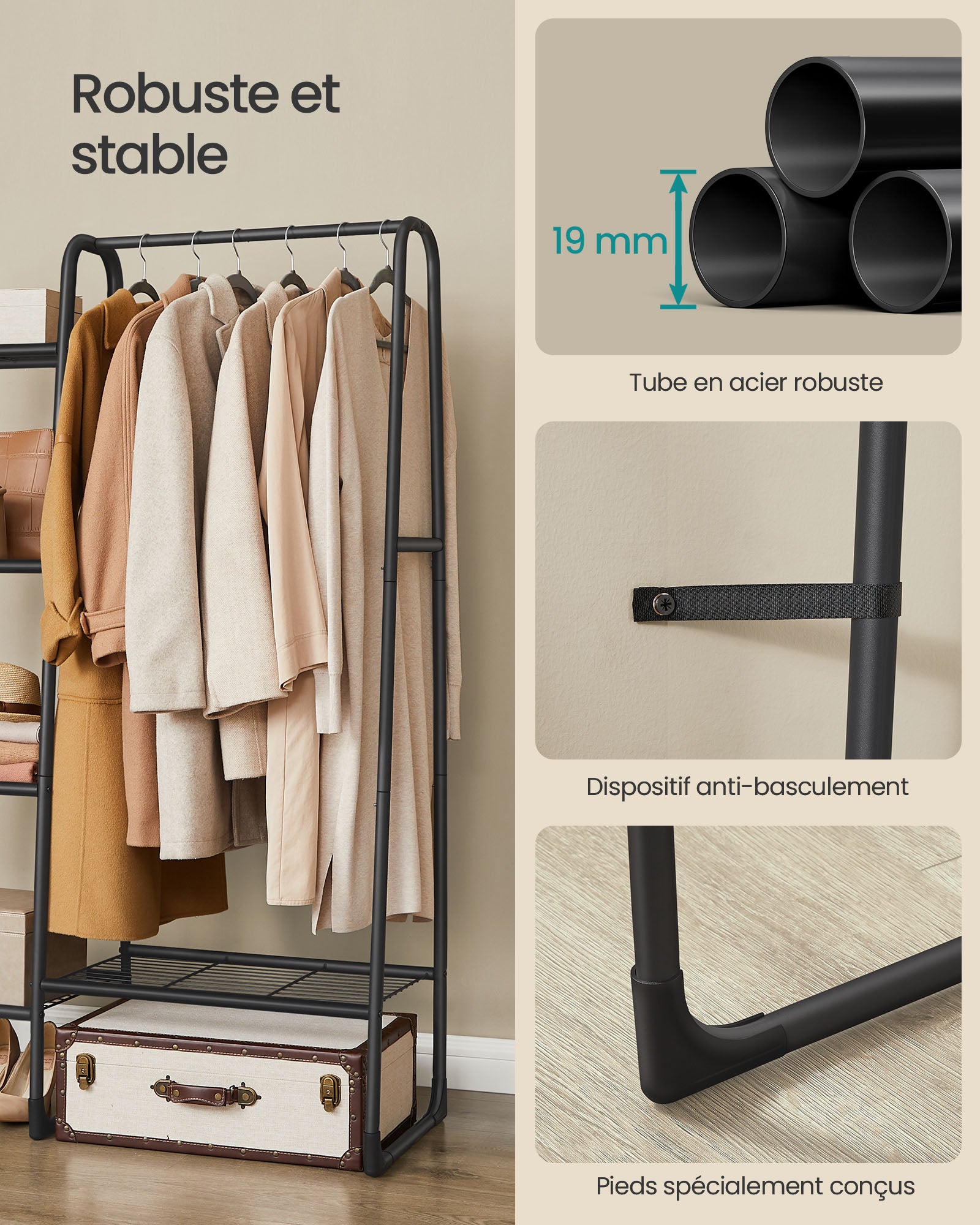 Portant à Vêtement, Penderie à Vêtements, 5 Étagères de Rangement, Structure en Métal, Noir d'encre, SONGMICS, 3