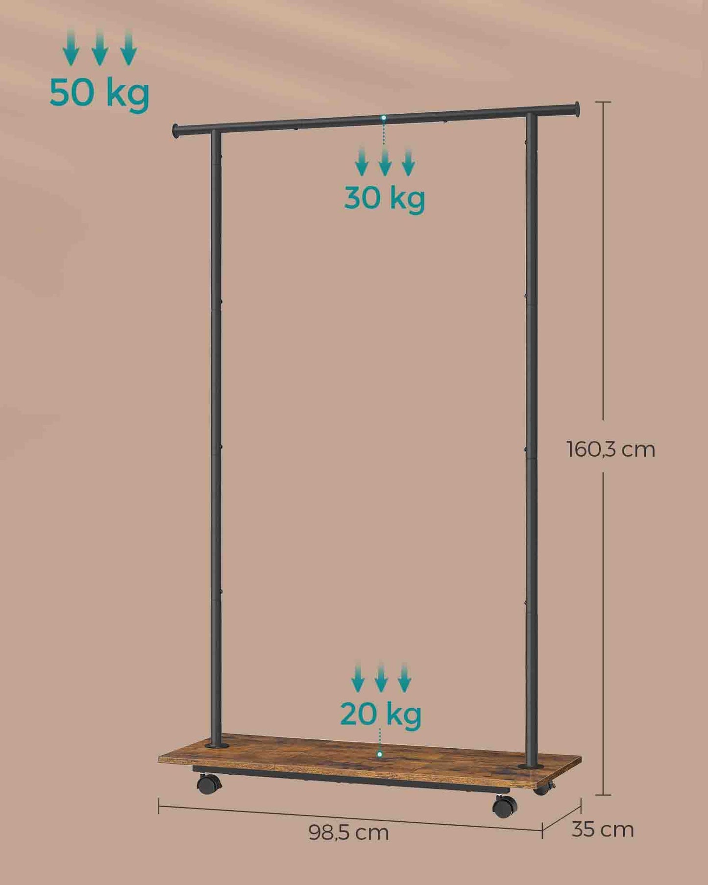 Portant Vetement, Porte Manteau, avec Roulettes, Étagère, Longueur 98,5 cm, Capacité 50 kg, Marron Rustique et Noir, SONGMICS, 9