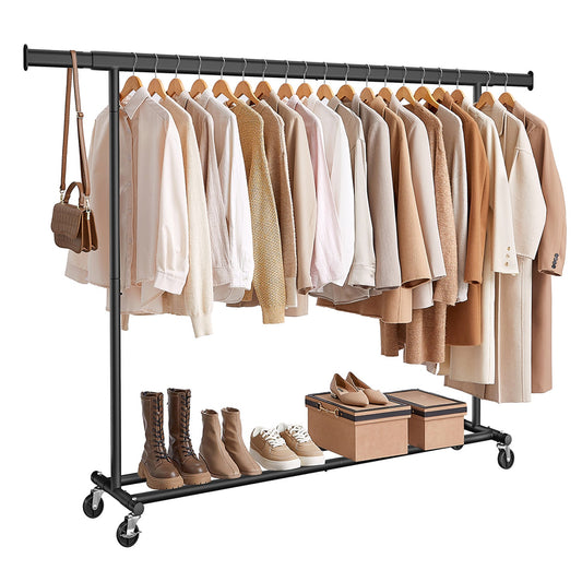 Portant Vêtement Solide, jusqu'à 150kg, Portant Vetement Professionnel, Extensible avec Roulettes, Noir, SONGMICS, 1