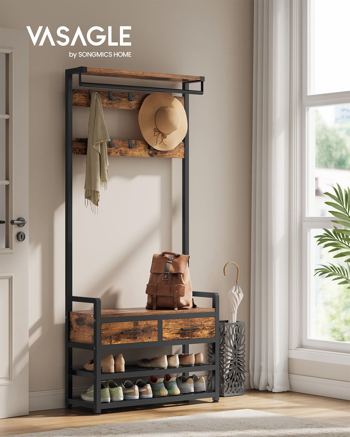 Portemanteau, Porte-manteau sur pied, avec banc, tringle à vêtements, 2 tiroirs, 2 étagères, 10 crochets, Marron Noir, VASAGLE, 6