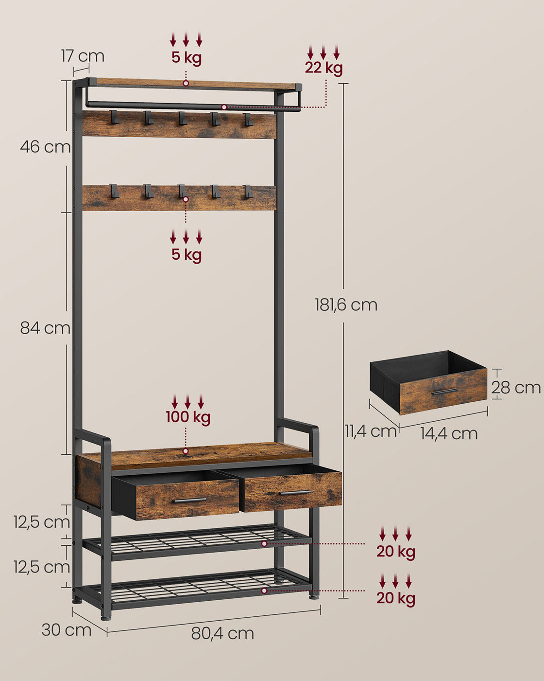 Portemanteau, Porte-manteau sur pied, avec banc, tringle à vêtements, 2 tiroirs, 2 étagères, 10 crochets, Marron Noir, VASAGLE, 4