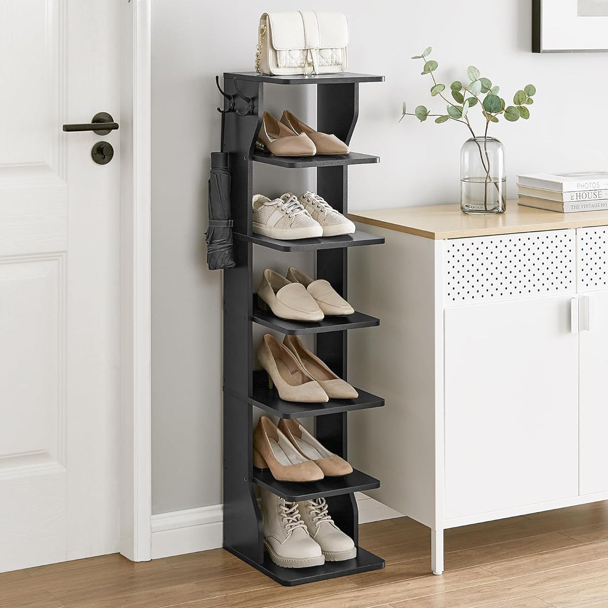 Étagère à chaussures, 7 niveaux, Étagère à Chaussures, Étagère de Rangement, peu encombrant, Noir, VASAGLE, 1