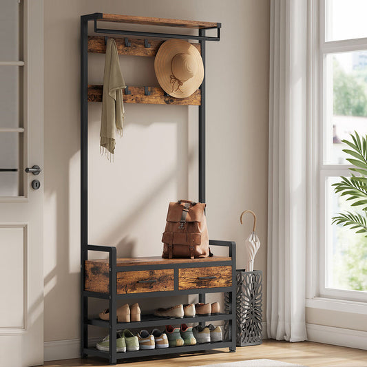 Portemanteau, Porte-manteau sur pied, avec banc, tringle à vêtements, 2 tiroirs, 2 étagères, 10 crochets, Marron Noir, VASAGLE, 1