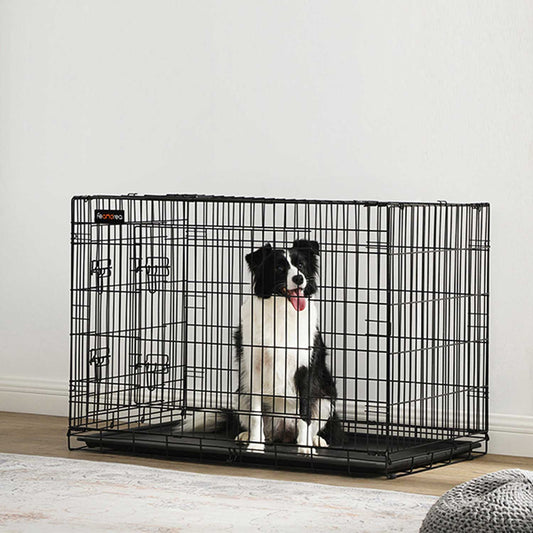 Cage pour Chien, Caisse Chien, Pliable avec 2 Portes, Plateau Amovible, 107 x 70 x 77,5 cm, Taille XL, Noir, Feandrea, 1
