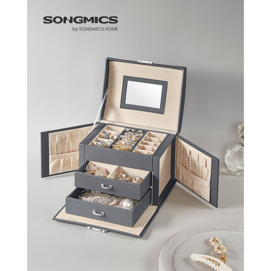 Boîte à bijoux, Rangement Bijoux, Coffre à Bijoux 3 Niveaux 2 Tiroirs et Miroir, Surface Gris Ardoise, SONGMICS, 2