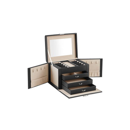 Boite a Bijoux, 4 Niveaux, Porte Bijoux, Coffret a Bijoux, avec Poignées, 3 Tiroirs, Miroir, Serrure, Noir, SONGMICS, 2