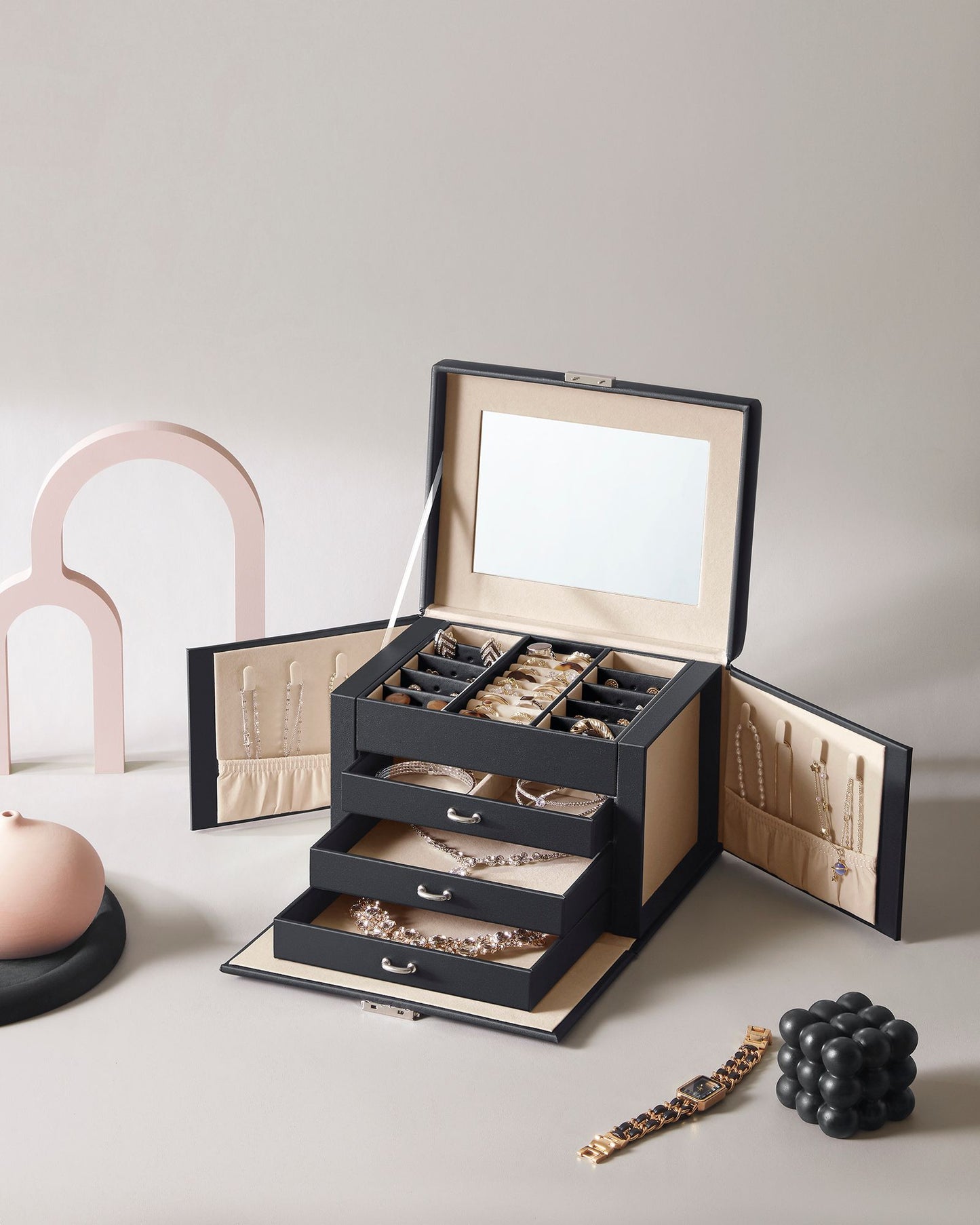 Boite a Bijoux, 4 Niveaux, Porte Bijoux, Coffret a Bijoux, avec Poignées, 3 Tiroirs, Miroir, Serrure, Noir, SONGMICS, 3