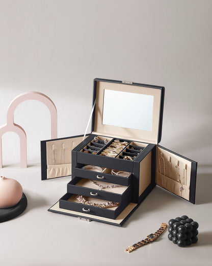 Boite a Bijoux, 4 Niveaux, Porte Bijoux, Coffret a Bijoux, avec Poignées, 3 Tiroirs, Miroir, Serrure, Noir, SONGMICS, 3