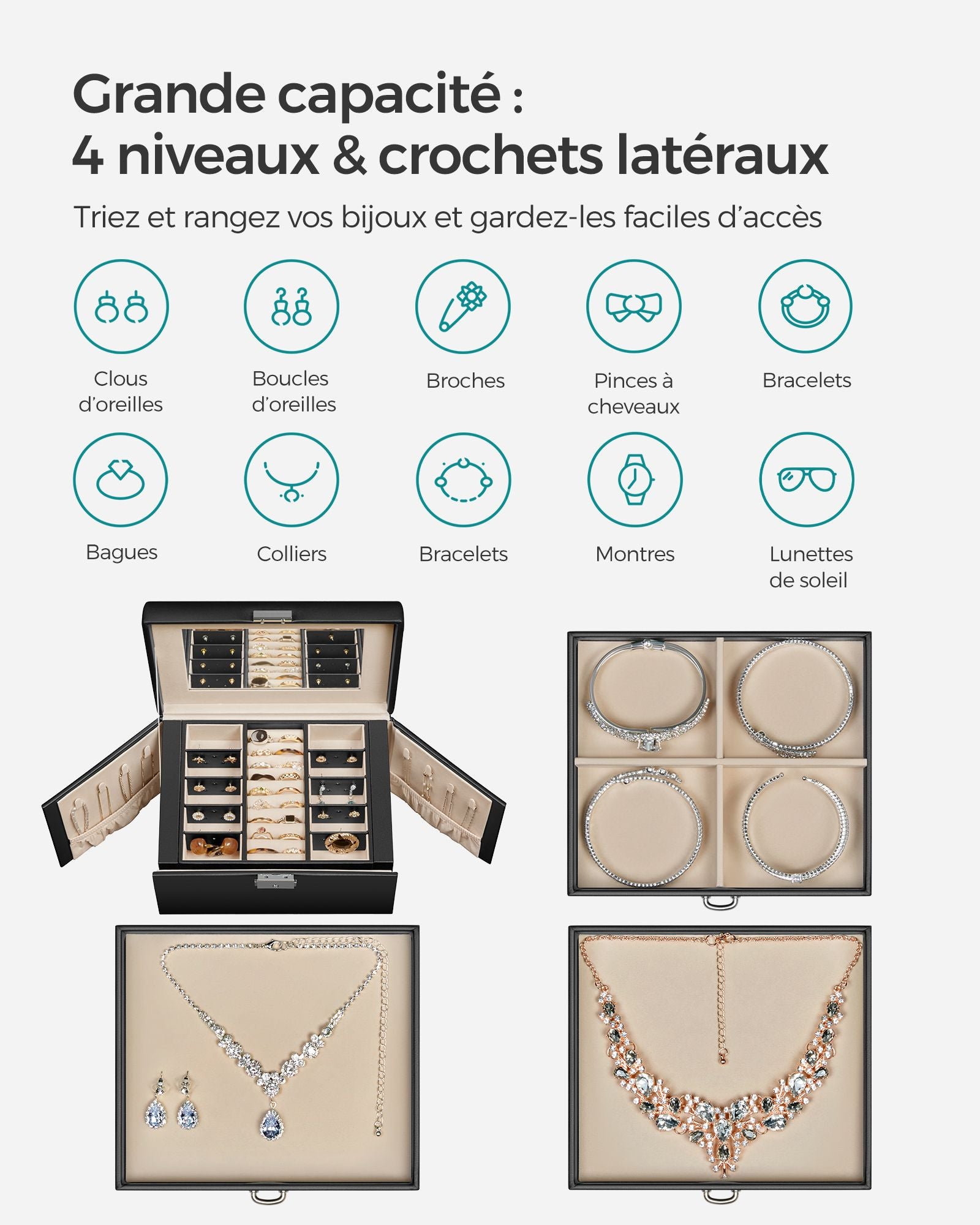Boite a Bijoux, 4 Niveaux, Porte Bijoux, Coffret a Bijoux, avec Poignées, 3 Tiroirs, Miroir, Serrure, Noir, SONGMICS, 4