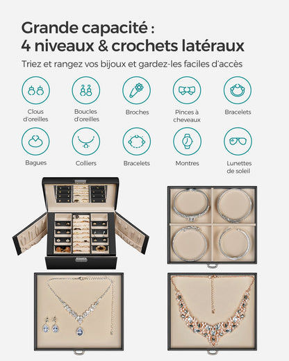 Boite a Bijoux, 4 Niveaux, Porte Bijoux, Coffret a Bijoux, avec Poignées, 3 Tiroirs, Miroir, Serrure, Noir, SONGMICS, 4