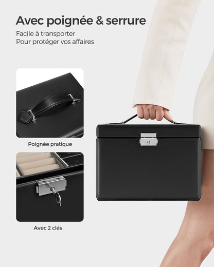 Boite a Bijoux, 4 Niveaux, Porte Bijoux, Coffret a Bijoux, avec Poignées, 3 Tiroirs, Miroir, Serrure, Noir, SONGMICS, 5