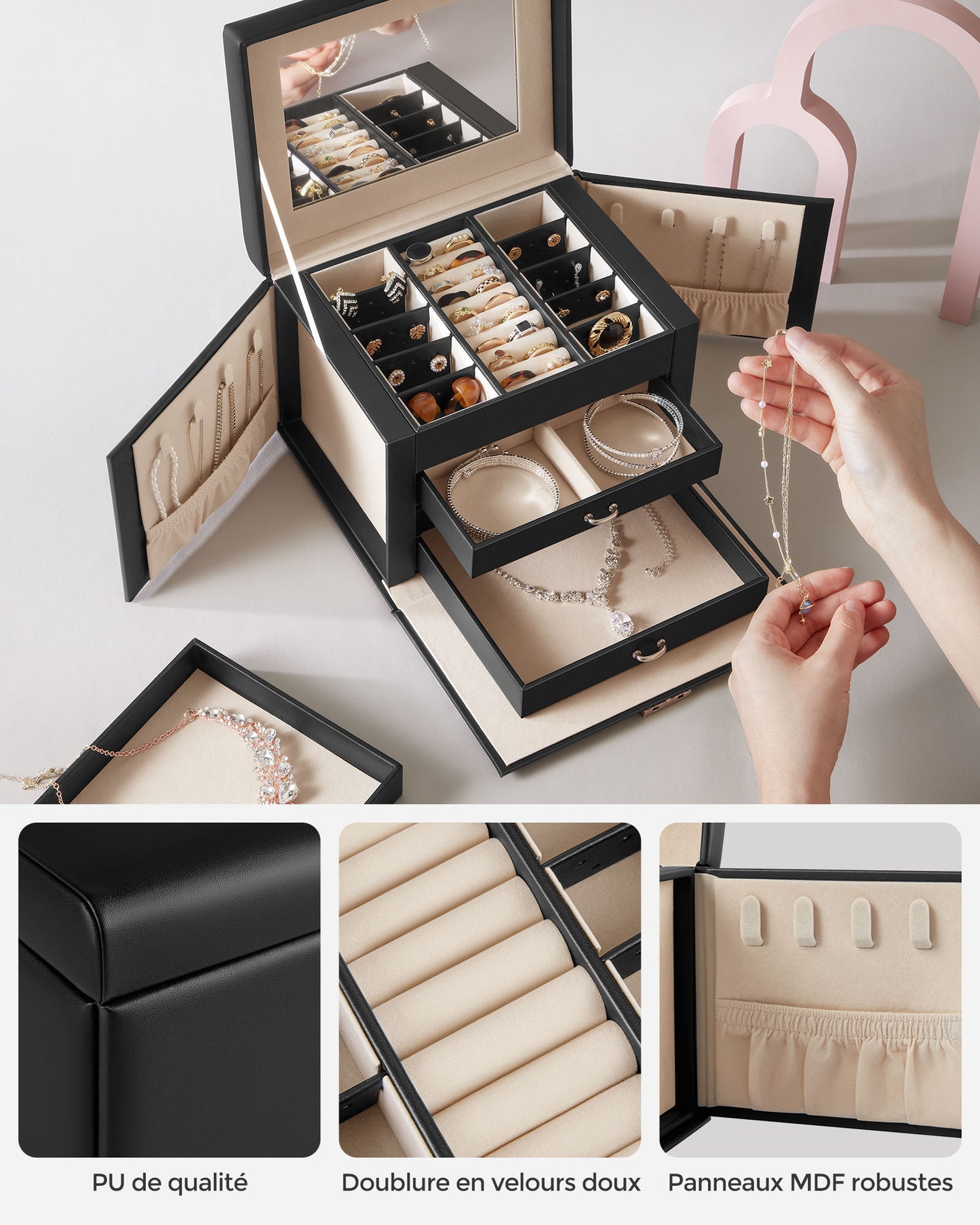 Boite a Bijoux, 4 Niveaux, Porte Bijoux, Coffret a Bijoux, avec Poignées, 3 Tiroirs, Miroir, Serrure, Noir, SONGMICS, 6
