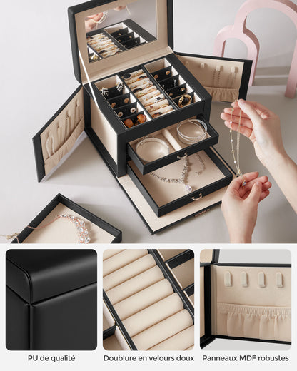 Boite a Bijoux, 4 Niveaux, Porte Bijoux, Coffret a Bijoux, avec Poignées, 3 Tiroirs, Miroir, Serrure, Noir, SONGMICS, 6