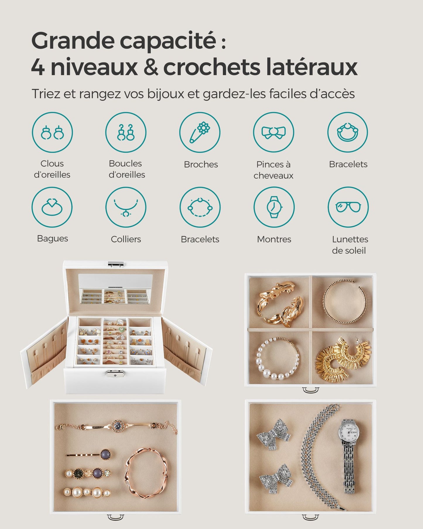 Boite a Bijoux, 4 Niveaux, Porte Bijoux, Coffret a Bijoux, avec Poignées, 3 Tiroirs, Miroir, Serrure, Blanc, SONGMICS, 4