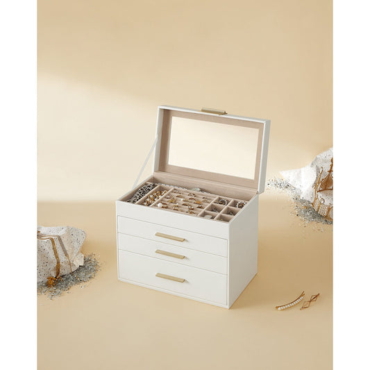 Boite a Bijoux, Coffret a Bijoux, 4 niveaux, Couvercle transparent, 3 Tiroirs, Blanc nuage, SONGMICS, 1