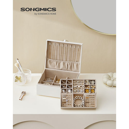 Boite a Bijoux, 2 Niveaux, Coffret a Bijoux, Rangement Bijoux, avec Poignée, Blanc, SONGMICS, 3