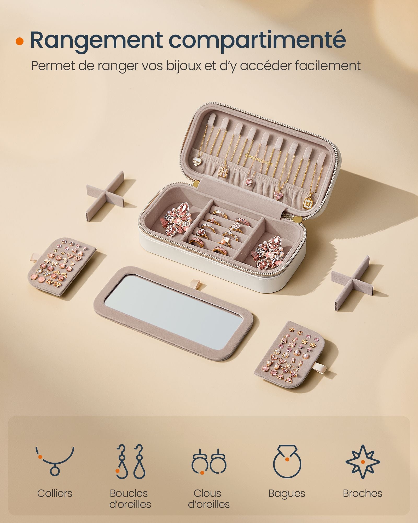 Boite a Bijoux, Boite a Bijoux de Voyage, Coffret a Bijoux, avec Miroir, avec Zip, Blanc Nuage, SONGMICS, 4