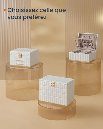 Boite a Bijoux, 2 Étages avec Miroir, Coffret a Bijoux, Plateau Amovible, Blanc Nuage, SONGMICS, 7