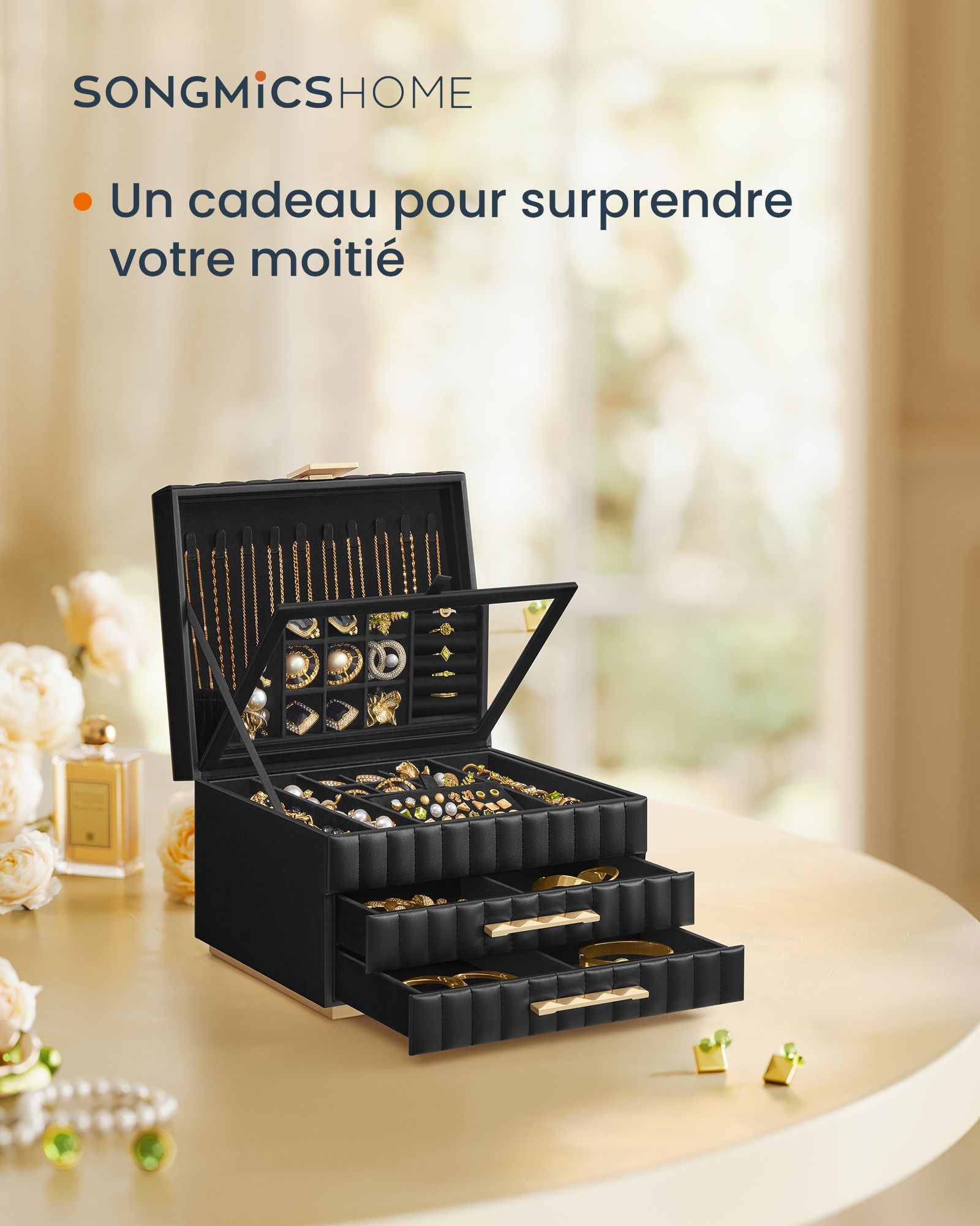 Boite a Bijoux, 3 Étages avec Miroir, Coffret a Bijoux, Organiseur, avec 2 Tiroirs, Noir, SONGMICS, 3