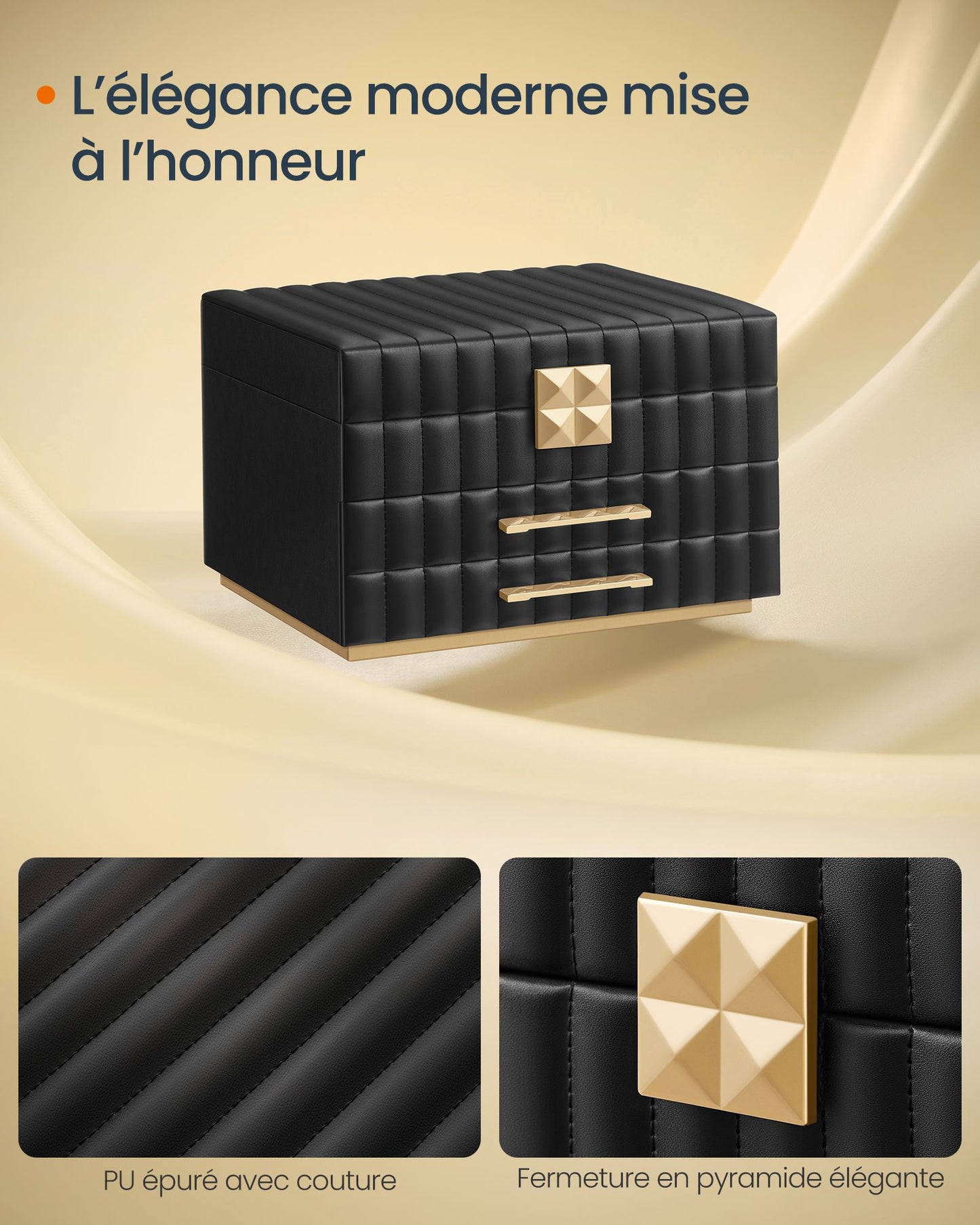 Boite a Bijoux, 3 Étages avec Miroir, Coffret a Bijoux, Organiseur, avec 2 Tiroirs, Noir, SONGMICS, 4