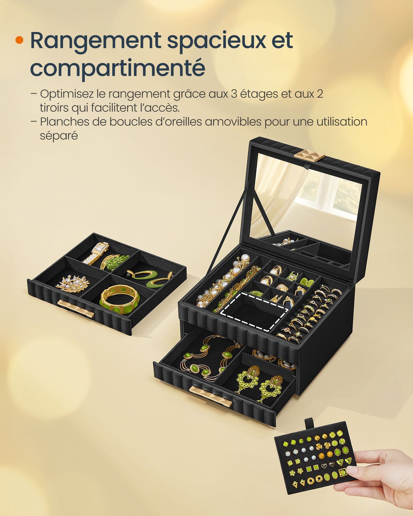 Boite a Bijoux, 3 Étages avec Miroir, Coffret a Bijoux, Organiseur, avec 2 Tiroirs, Noir, SONGMICS, 5