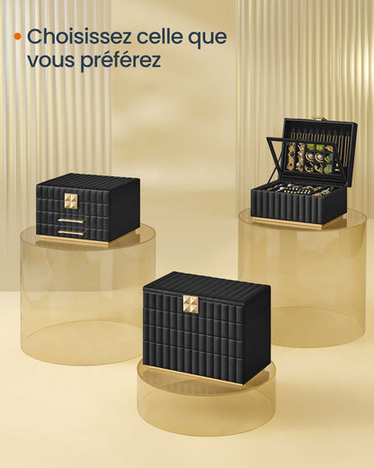 Boite a Bijoux, 3 Étages avec Miroir, Coffret a Bijoux, Organiseur, avec 2 Tiroirs, Noir, SONGMICS, 7