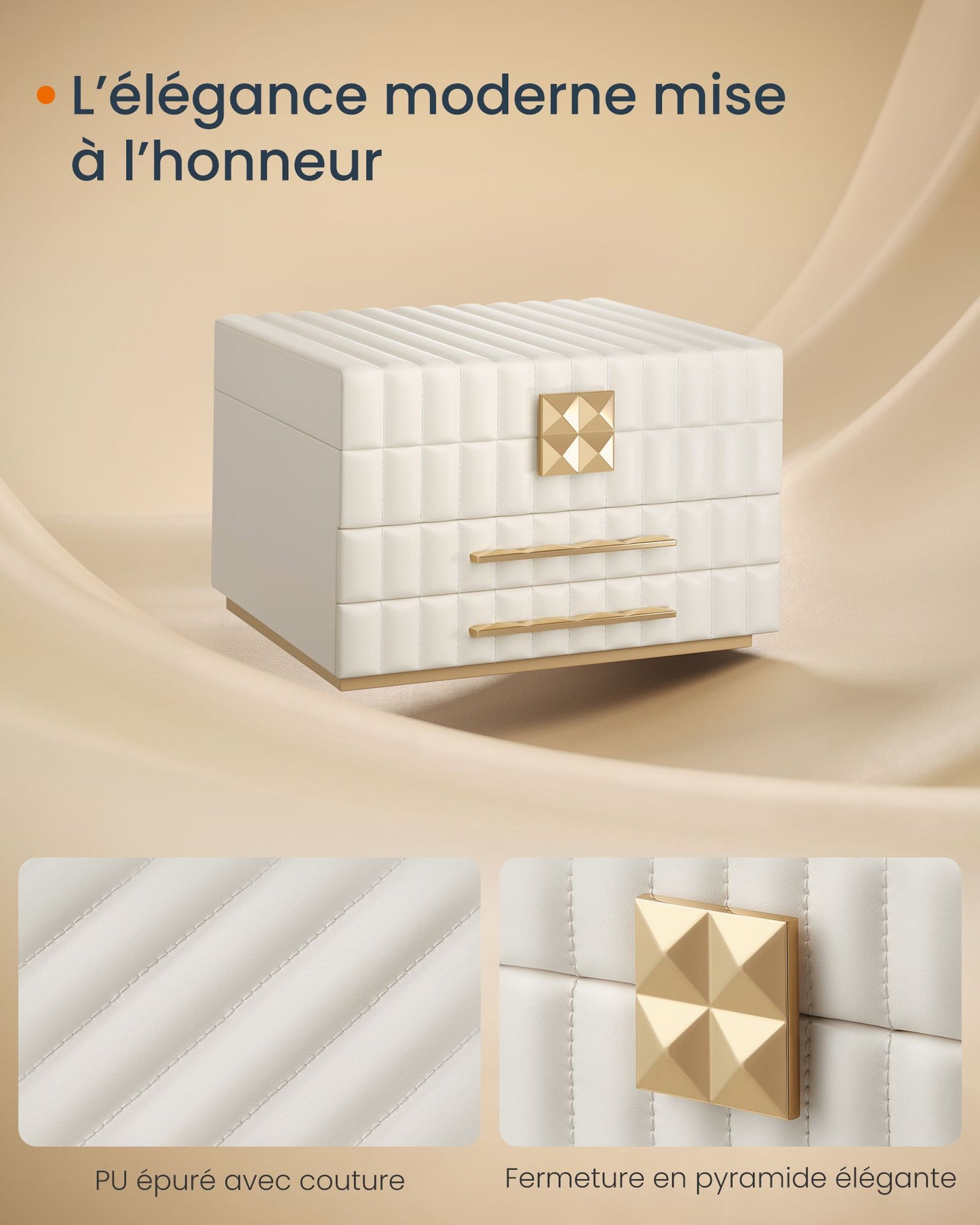 Boite a Bijoux, 3 Étages avec Miroir, Coffret a Bijoux, Organiseur, avec 2 Tiroirs, Surface PU avec Coutures, Blanc, SONGMICS, 4