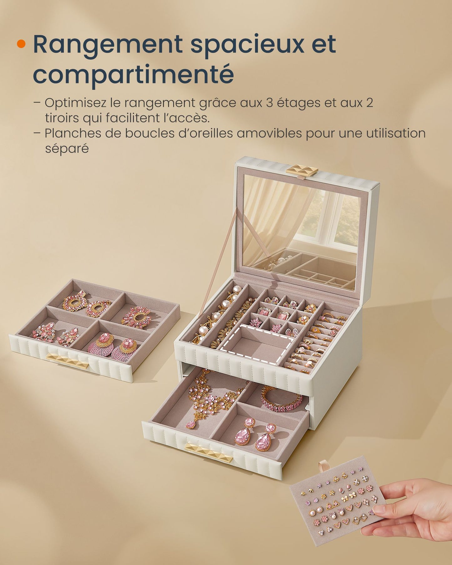 Boite a Bijoux, 3 Étages avec Miroir, Coffret a Bijoux, Organiseur, avec 2 Tiroirs, Surface PU avec Coutures, Blanc, SONGMICS, 5