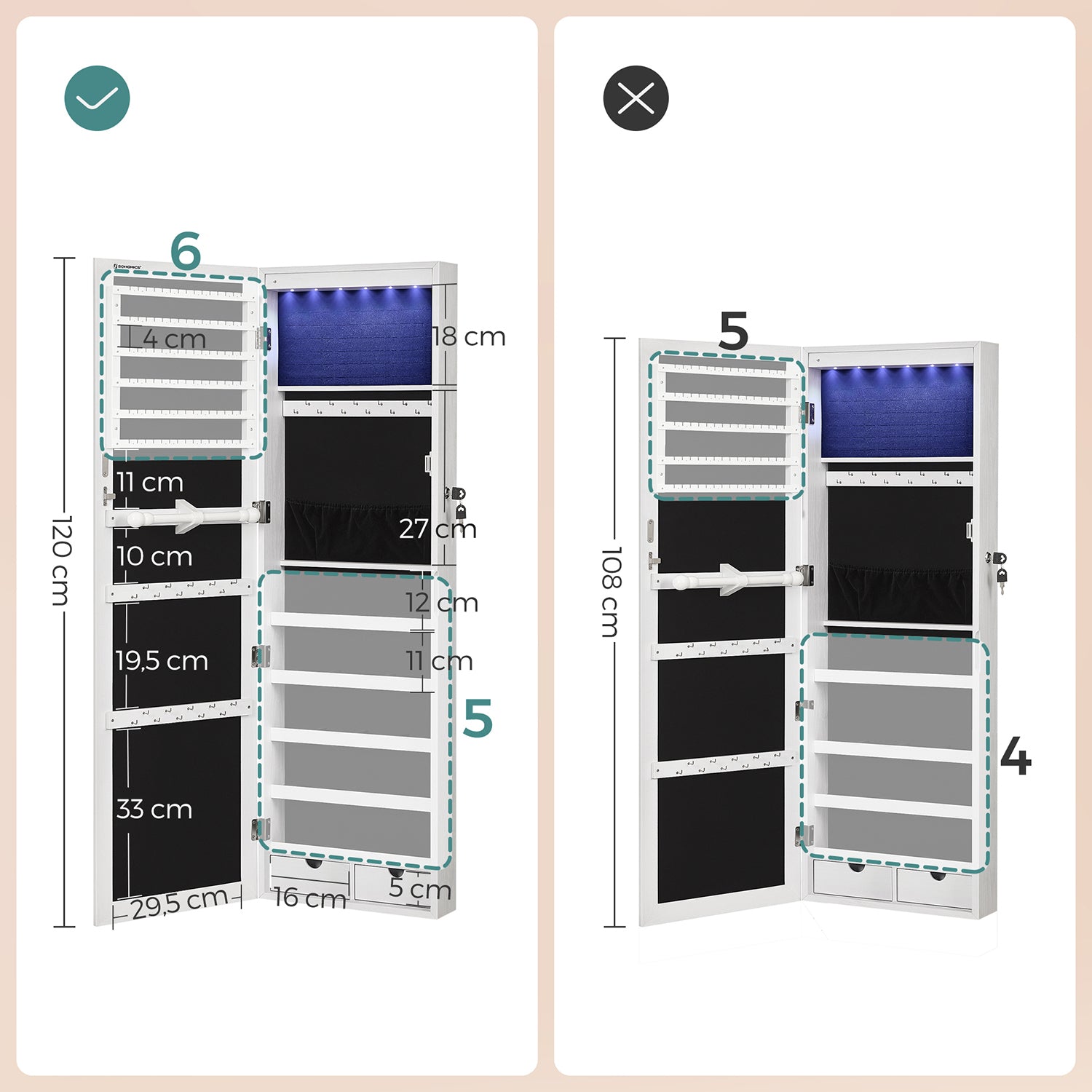 Armoire à Bijoux Murale, Armoire Miroir, Rangement Bijoux, Placard à Accessoires, Verrouillable, Blanc, SONGMICS, 9