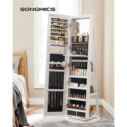 Armoire à Bijoux, avec Miroir sur Pieds, Armoire Miroir, avec 6 LED, Pivotant 360°, 3 Étagères, Blanc, SONGMICS, 3