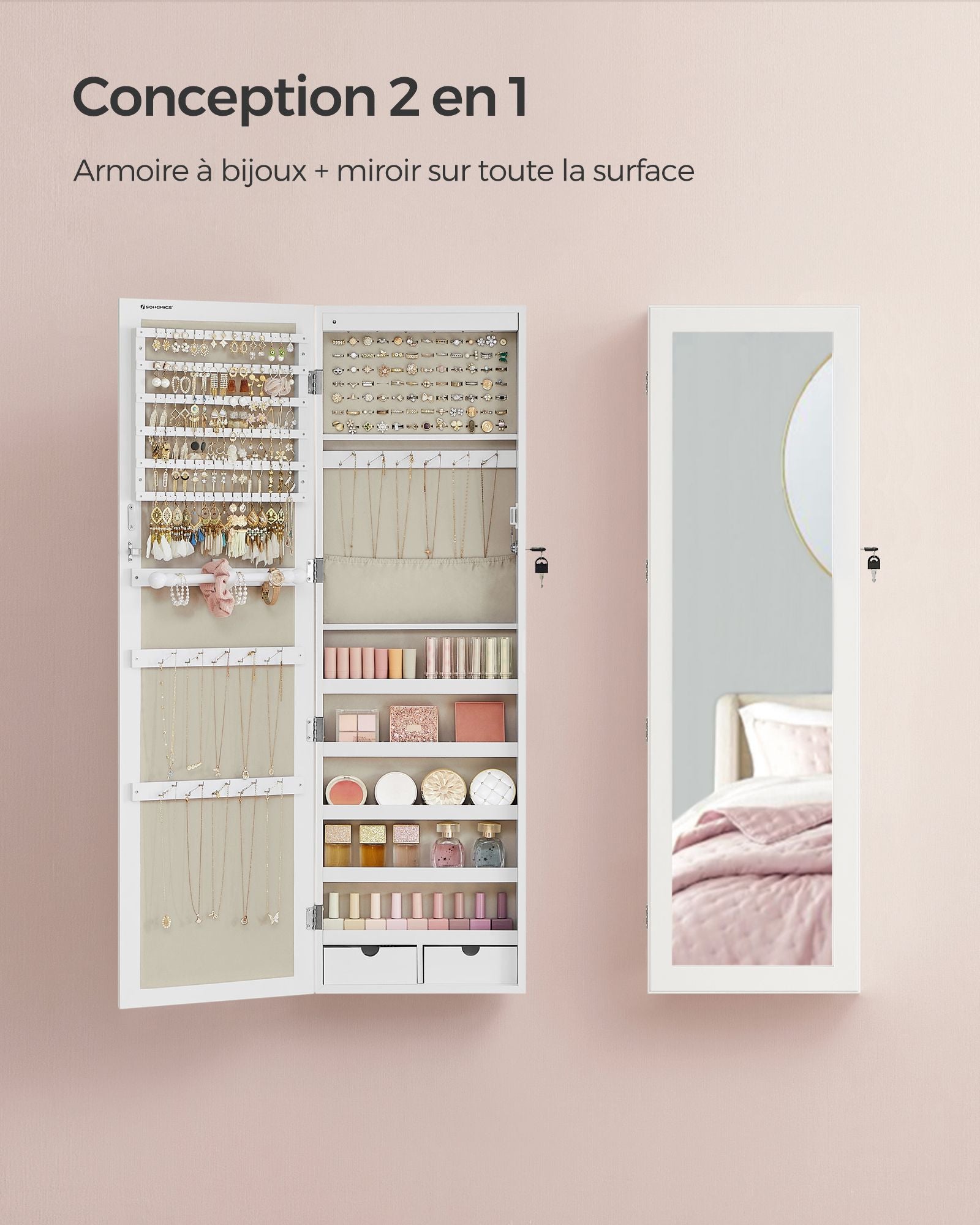 Armoire à Bijoux, Meuble de Rangement Mural pour Colliers, Placard à Accessoires, Blanc, SONGMICS, 5