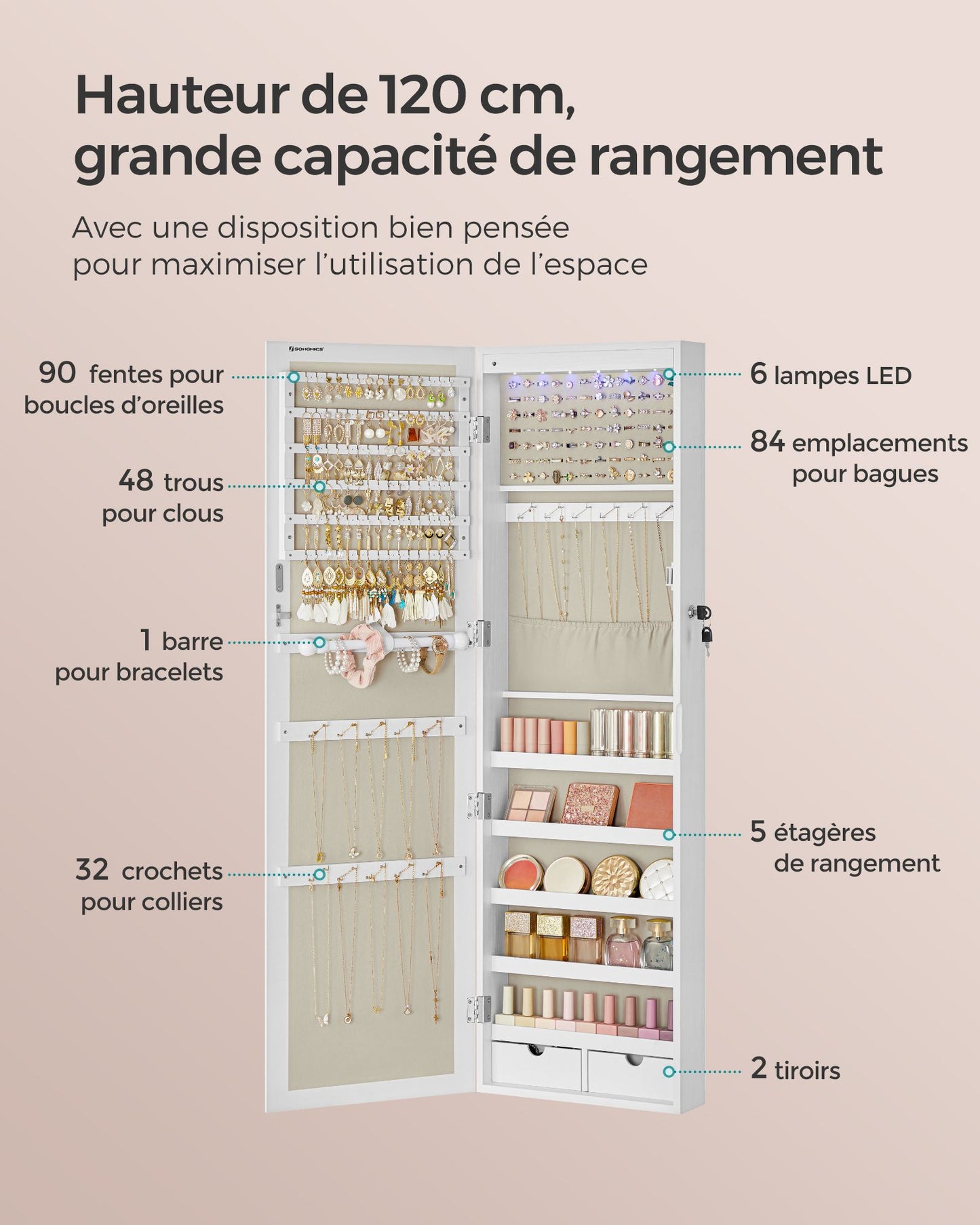 Armoire à Bijoux, Meuble de Rangement Mural pour Colliers, Placard à Accessoires, Blanc, SONGMICS, 6