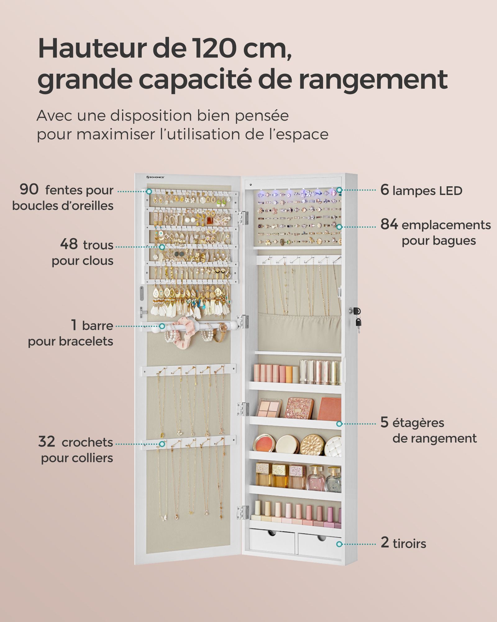 Armoire à Bijoux, Meuble de Rangement Mural pour Colliers, Placard à Accessoires, Blanc, SONGMICS, 6