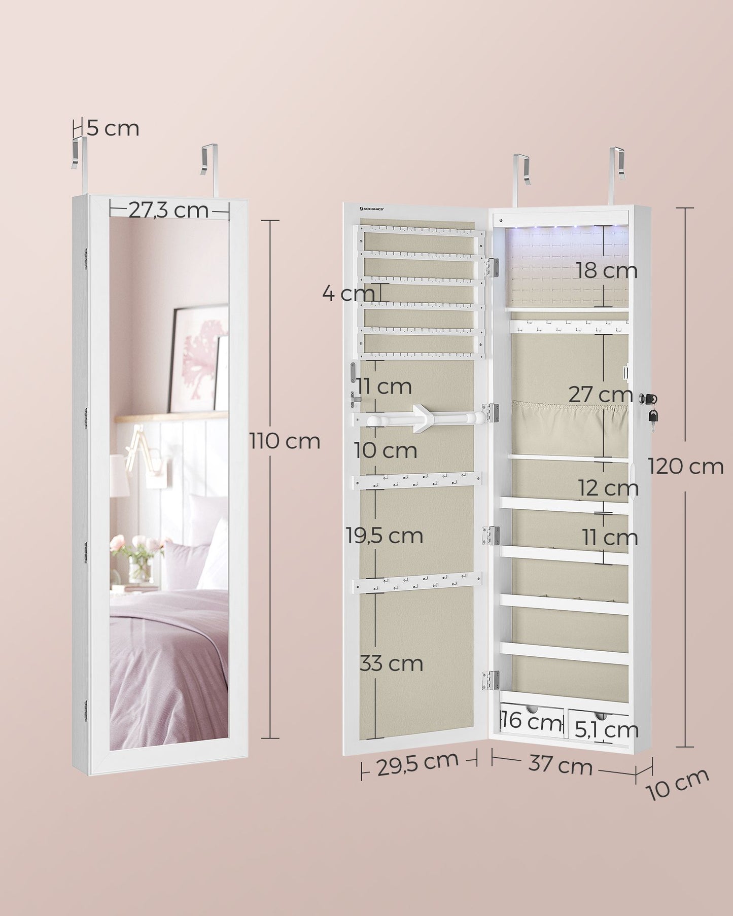 Armoire à Bijoux, Meuble de Rangement Mural pour Colliers, Placard à Accessoires, Blanc, SONGMICS, 7