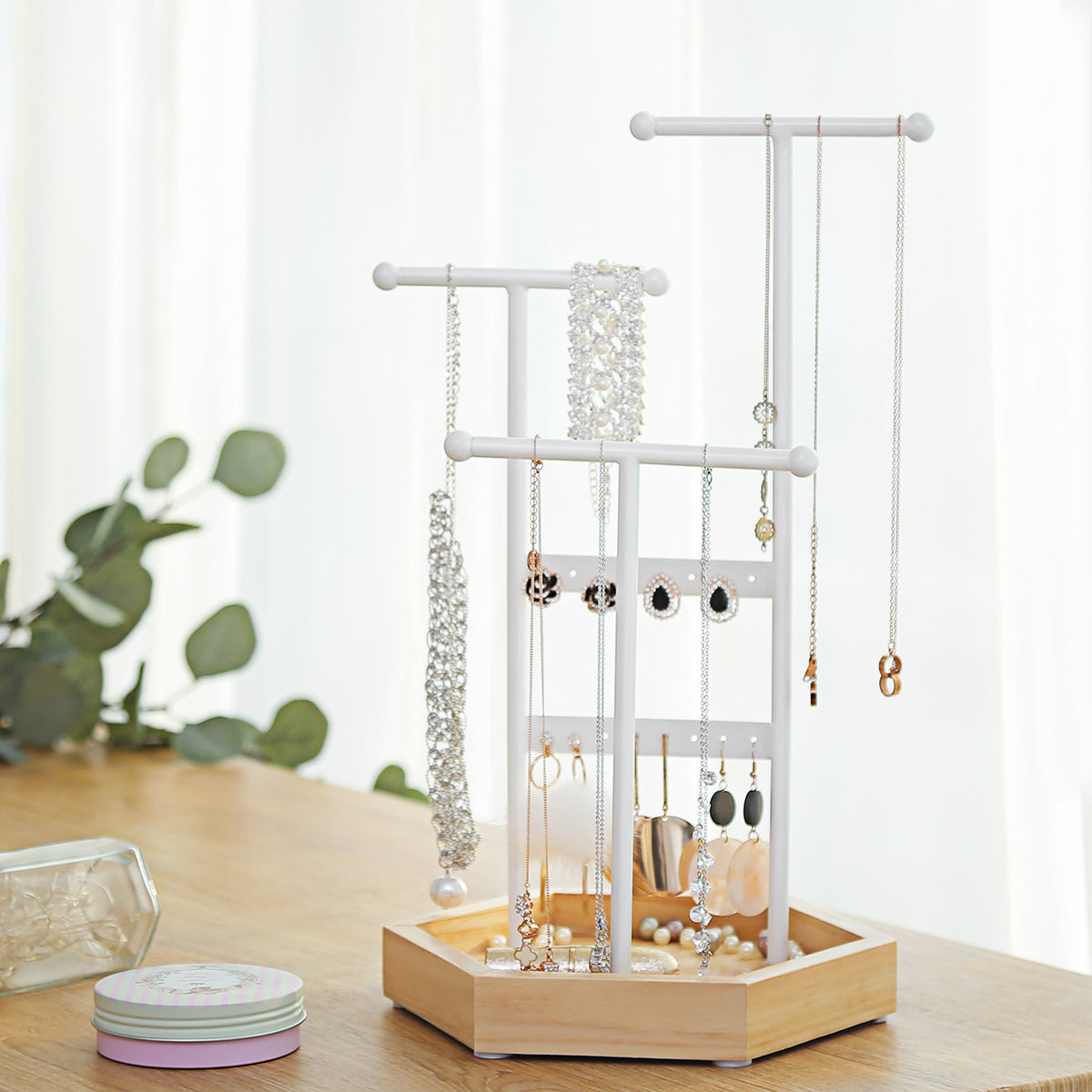 Porte Bijoux, Rangement Bijoux, 4 Zones Indépendantes, Support Accessoires, en Métal, Blanc et Boisée, SONGMICS, 1