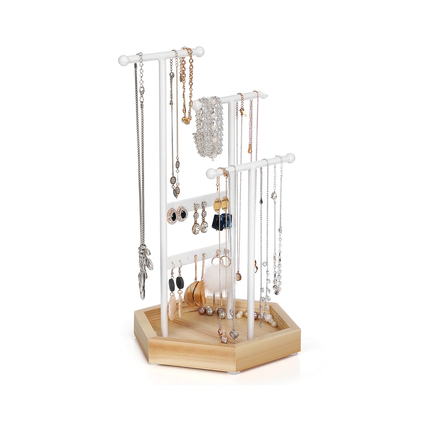 Porte Bijoux, Rangement Bijoux, 4 Zones Indépendantes, Support Accessoires, en Métal, Blanc et Boisée, SONGMICS, 6