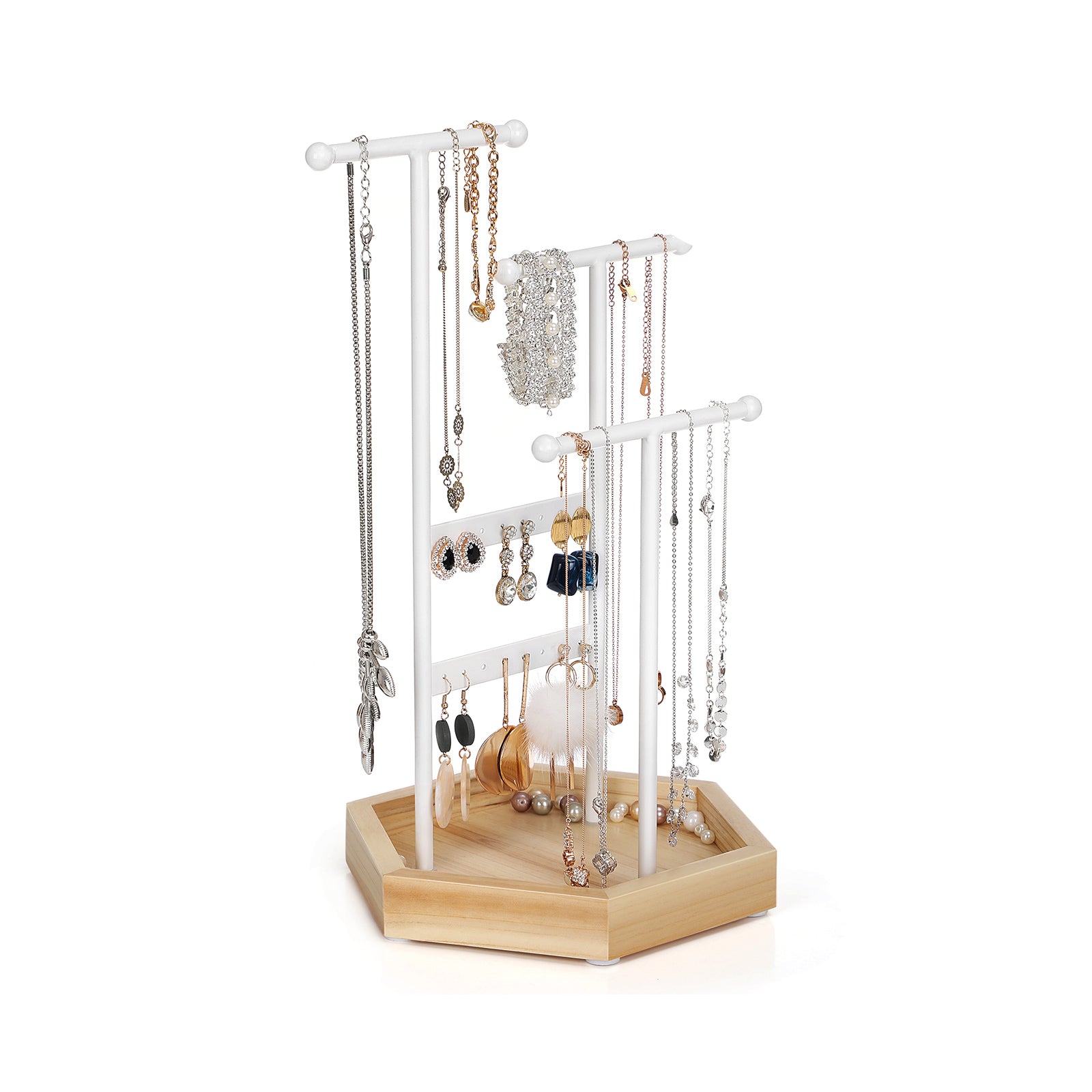 Porte Bijoux, Rangement Bijoux, 4 Zones Indépendantes, Support Accessoires, en Métal, Blanc et Boisée, SONGMICS, 6