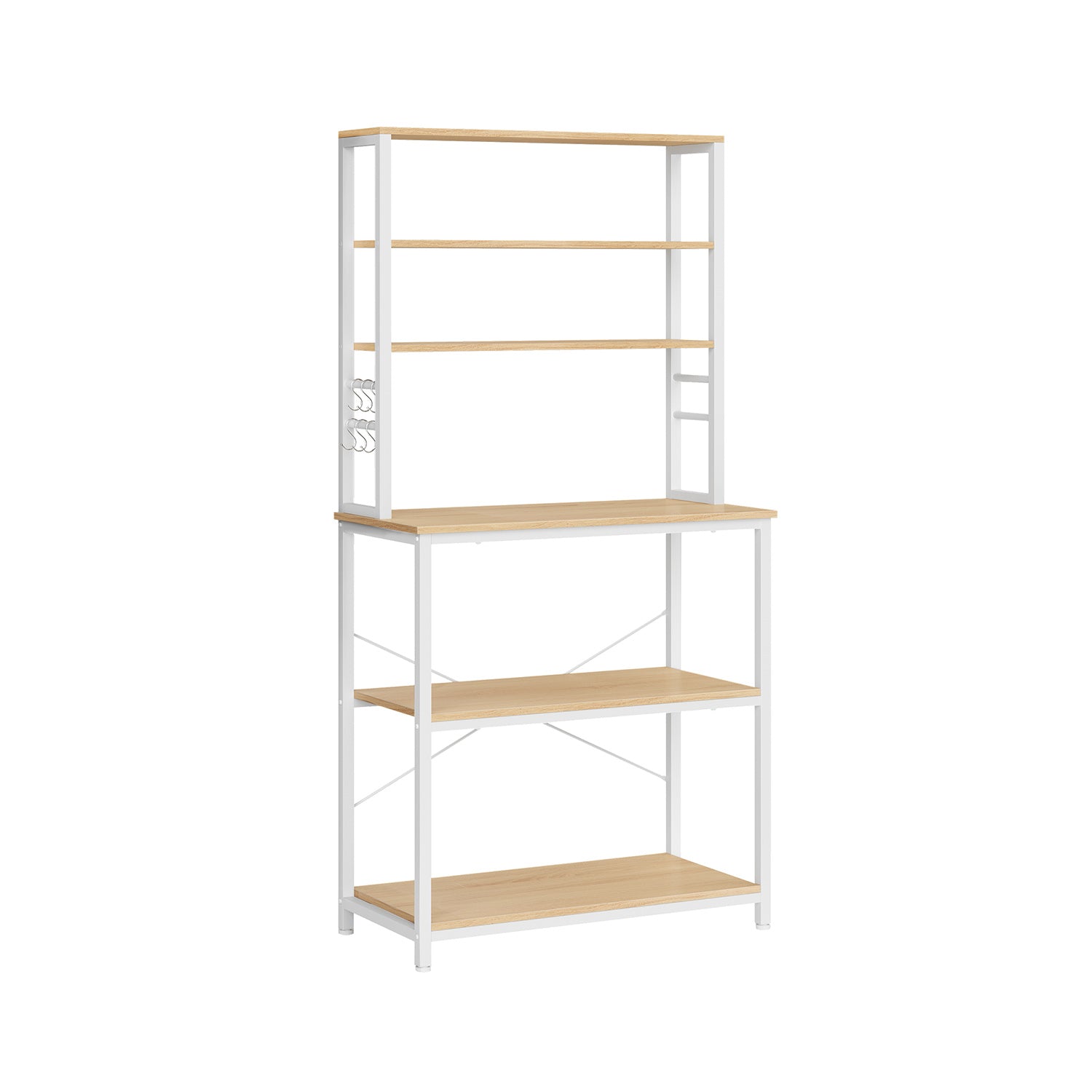 Étagère cuisine, Etagere micro onde, 6 Étagères et 6 Crochets, Cadre en Acier, Chêne et Blanc, Vasagle, 1