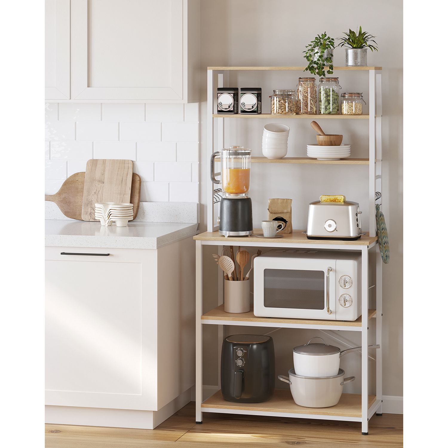 Étagère cuisine, Etagere micro onde, 6 Étagères et 6 Crochets, Cadre en Acier, Chêne et Blanc, Vasagle, 1