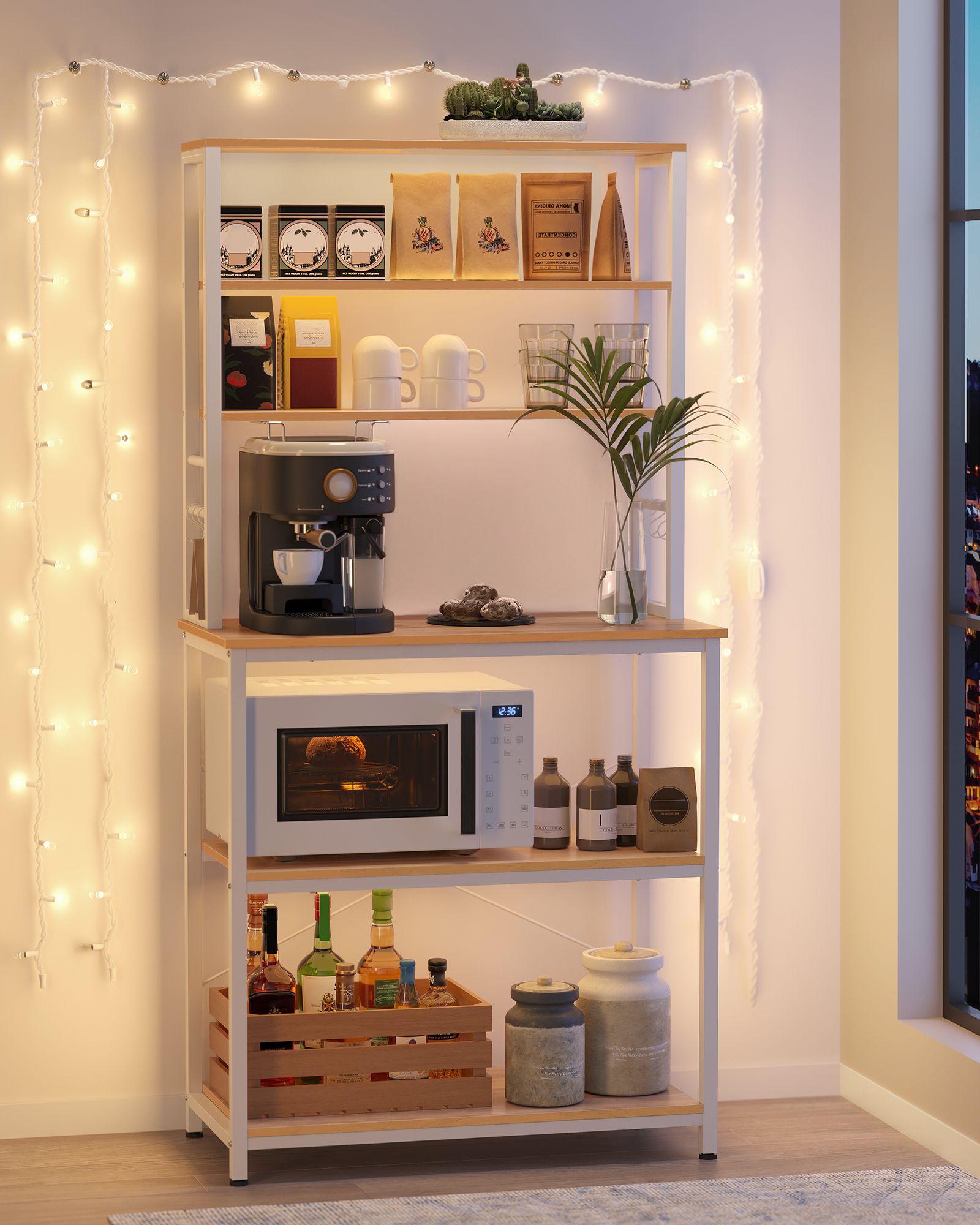 Étagère cuisine, Etagere micro onde, 6 Étagères et 6 Crochets, Cadre en Acier, Chêne et Blanc, Vasagle, 1