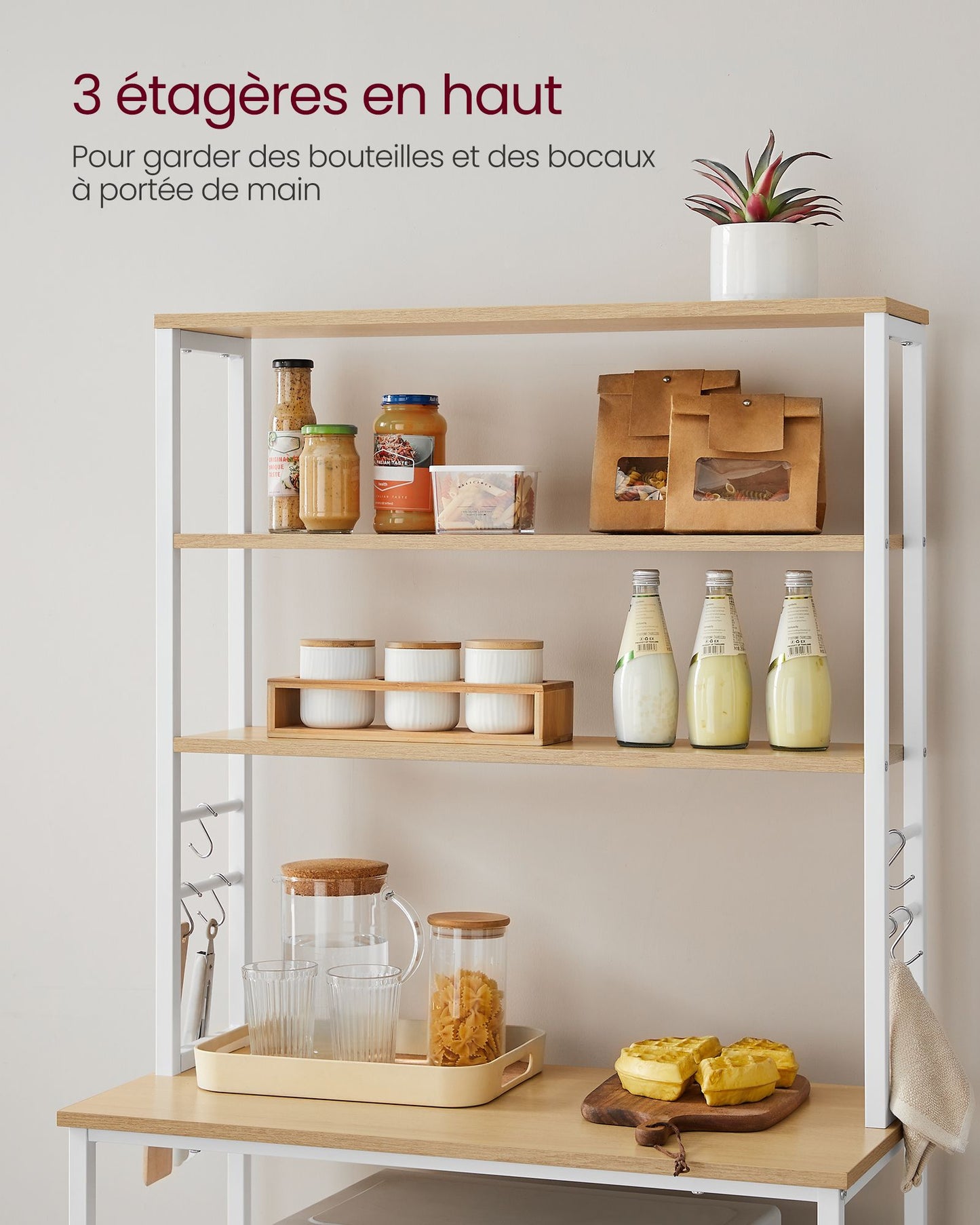 Étagère cuisine, Etagere micro onde, 6 Étagères et 6 Crochets, Cadre en Acier, Chêne et Blanc, Vasagle, 1